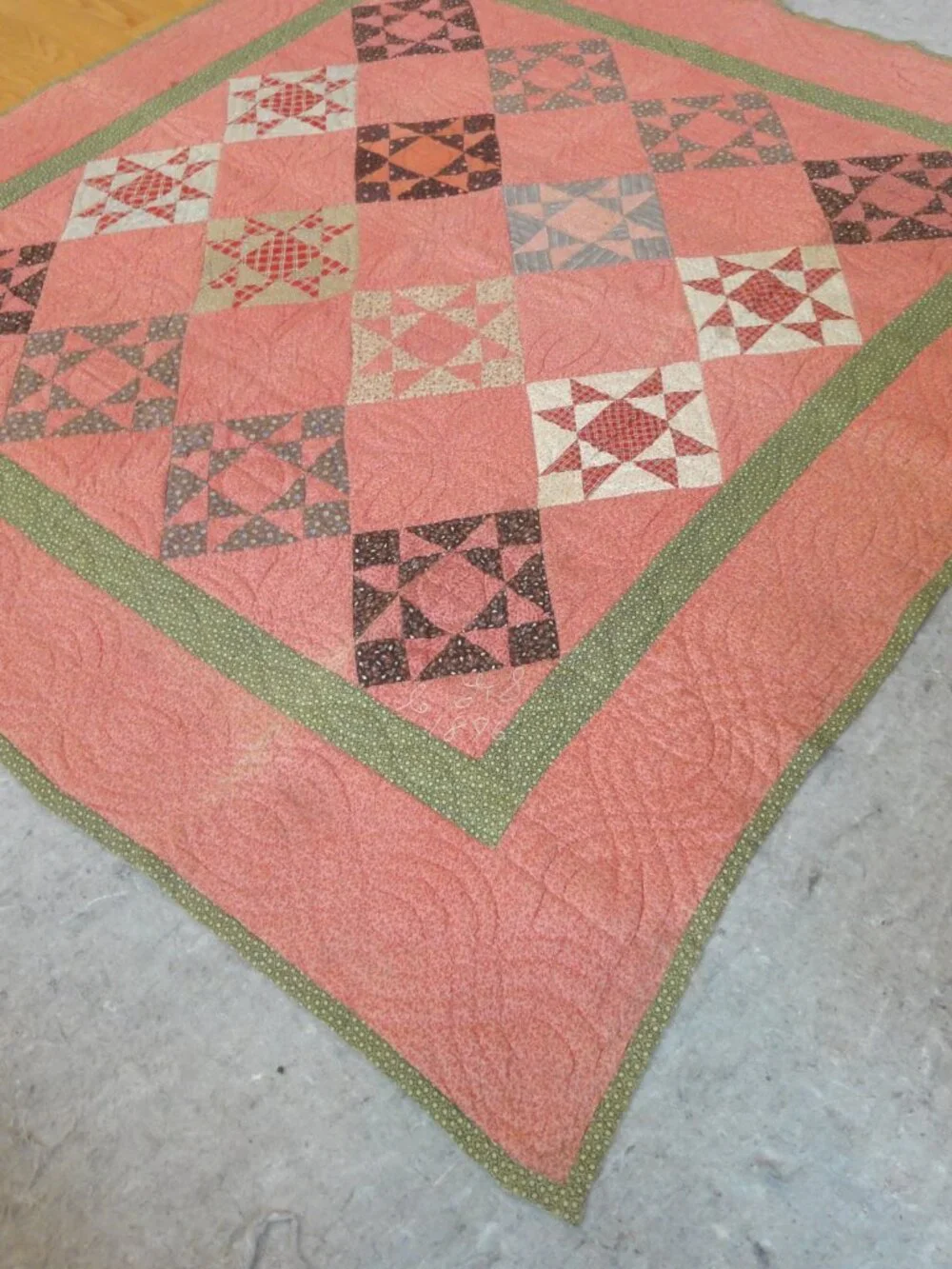 Antique Signed 1896 Red, Green, Brown, Star Patterned Quilt EXCELLENT CONDITION!